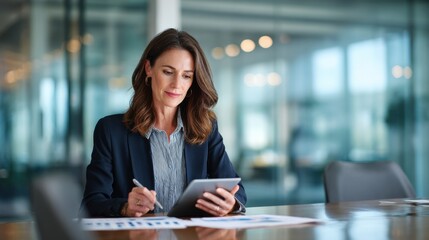 Fototapeta premium Senior financial advisor reviews tablet analytics in modern boardroom setting during work hours