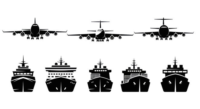 Airplanes and ships in silhouette.
