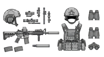 Military tactical gear and rifle equipment. © Bayu
