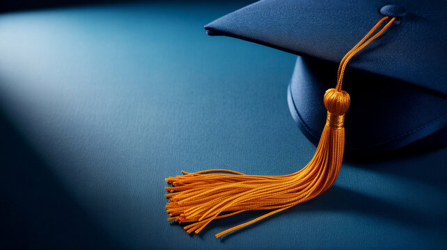AI-generated graduation cap with tassel on dark blue background representing academic achievement and education success