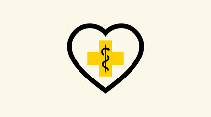 Obraz premium Minimalist black heart outline with a yellow rectangle on a cream background, vector art