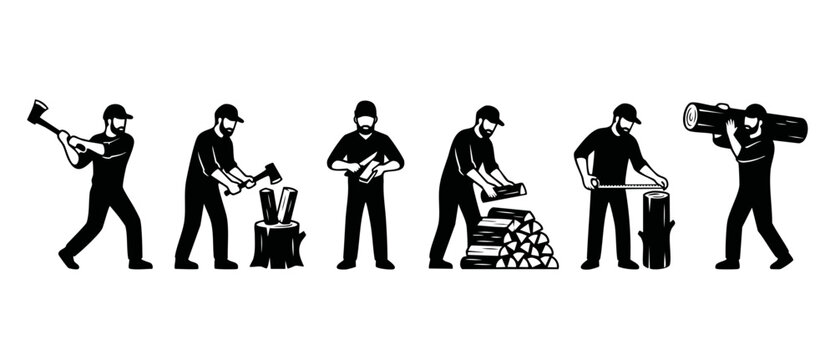 Lumberjack wood chopping process icons set, woodcutter working with axe, saw and measuring tape in flat black silhouette style for carpentry, forestry industry and woodworking design elements collecti