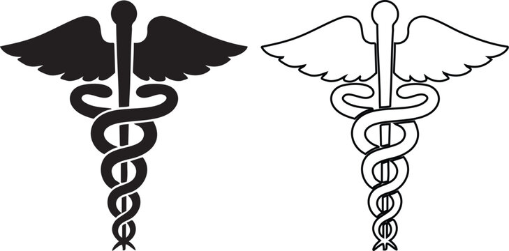 Black and white medical caduceus symbol with wings and snakes silhouette healthcare
