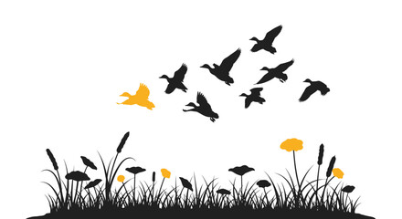 Ducks flying in formation over marshland reeds and flowers, one yellow duck leading © Anggrek