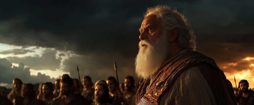 Moses, standing before the people, his long white beard and brown tunic accentuated by the dramatic lighting, evokes the biblical times in this movie scene.