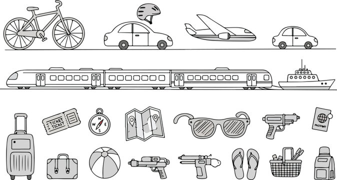 Group of transportation icons cars trains bicycles