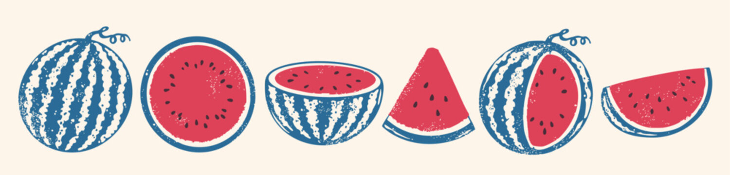Juicy ripe Watermelon set. Whole, half, sliced berry, triangle slice of watermelon. Summer fruit theme. Hand drawn trendy Vector illustration. Isolated design elements. Poster, print, logo template