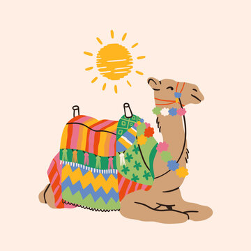 Lying Camel with traditional Arabian saddle, bright colorful blanket, carpet. Side view. Hand drawn trendy Vector illustration. Isolated design element. Logo, icon, sticker, print template  