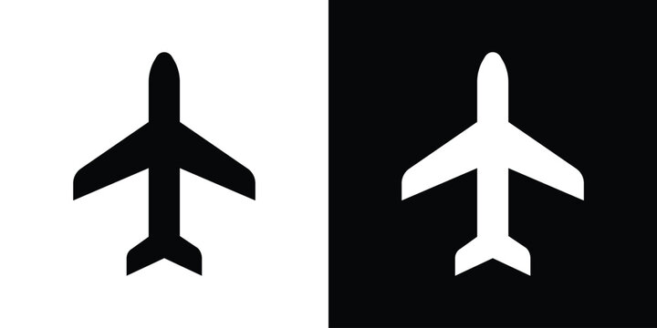 Symmetrical airplane icon from a top-down perspective. Features solid black and inverted white versions. Ideal for flight tracking, travel apps, and aerospace branding graphics.