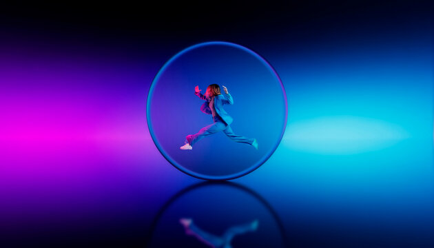 3D neon sphere motion with woman leaping in vibrant light
