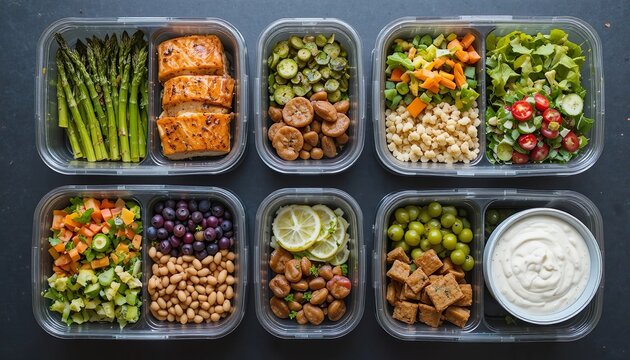 Healthy meal prep containers with grilled salmon, couscous, fresh vegetables, grapes, and creamy sauce, neatly arranged for balanced, nutritious eating
