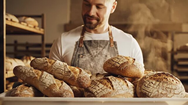 This features a baker proudly displaying a tray of freshly baked bread in a cozy bakery setting, with warm lighting and rustic wooden shelves in the background.