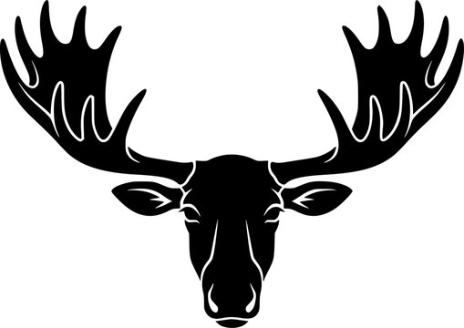 black silhouette, moose antlers, symmetrical design, stark contrast, wildlife illustration, minimalist artwork, graphic design element, hunting trophy, nature symbol, forest imagery, monochrome