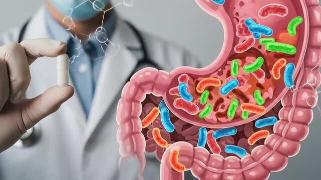 Doctor holding probiotic capsule with detailed 3 D digestive system and gut microbiome bacteria