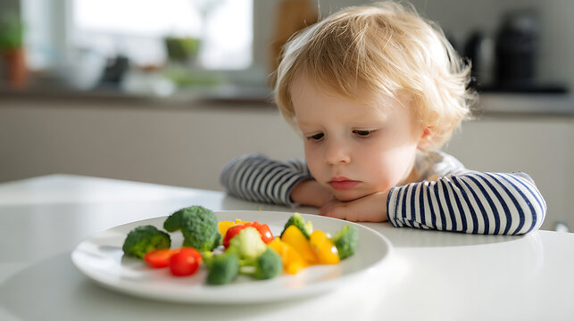 Cute small toddler boy child with blonde hair sad expression look at plate full of fresh raw healthy colorful vegetables like broccoli tomato bell pepper