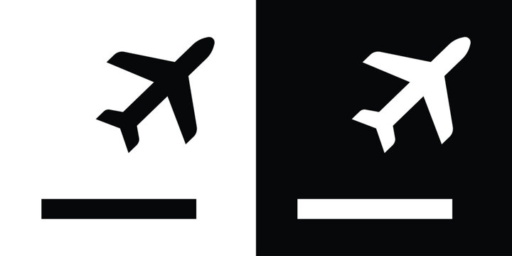 Clean airplane takeoff icon showing a plane ascending from a runway. High contrast vector design for airport departure signs and travel booking interface elements.