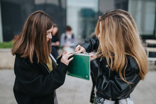 Two high school students examine a green notebook together outdoors. Teen girls on campus share notes and prepare for class.