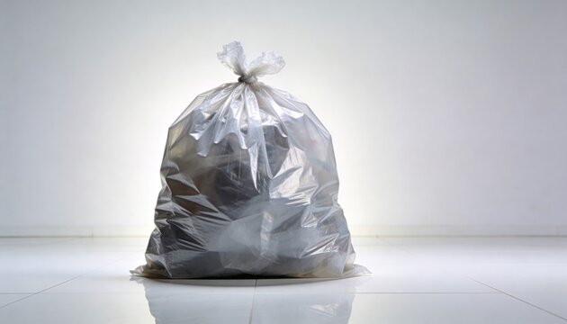 Full transparent plastic trash bag tied shut and standing on a clean white floor with a light gray wall background