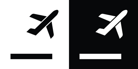 Clean airplane takeoff icon showing a plane ascending from a runway. High contrast vector design for airport departure signs and travel booking interface elements. © bibin