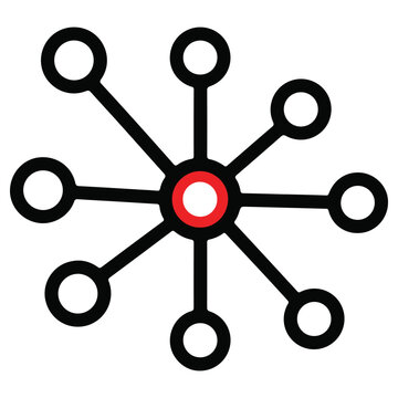 Centralized network hub icon with interconnected nodes and red core for data distribution and decentralized system architecture concepts