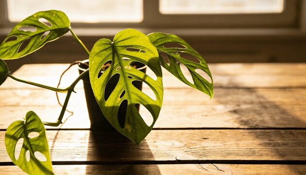 Monstera adansonii plant with unique perforated leaves in a pot on a wooden table with soft window light