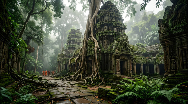 Blurred ancient temple ruins in tropical jungle with mystical at