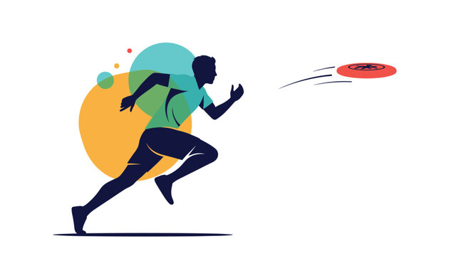 Athletic silhouette of a person running with high energy while throwing a red frisbee against a colorful background.