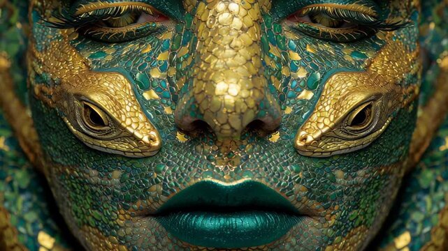 Surreal close up of a fantasy woman with emerald reptile scales and golden snake ornaments blending into her face, creating a striking mythical creature look ideal for sci fi or fantasy projects