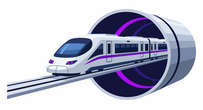 Futuristic High-Speed Maglev Train Emerging from Hyperloop Tunnel, Modern Vacuum Tube Transportation Vector Illustration for Infrastructure and Smart City Concepts