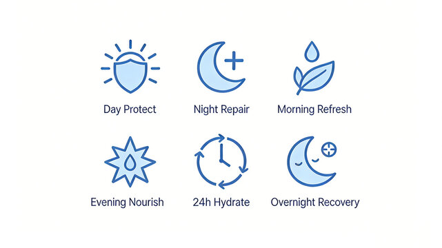 Shield, moon, and water droplet icons represent products that provide daytime protection, nighttime repair, all-weather hydration, and full coverage of morning and evening use scenarios.
