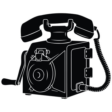 Old telephone, vintage communication device, crank handle, vector silhouette illustration, line art.
