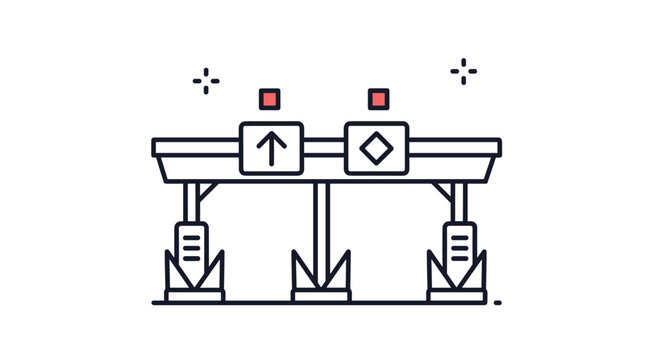 Highway toll gate structure with overhead signs and lane indicators represents road infrastructure and transportation payment systems.