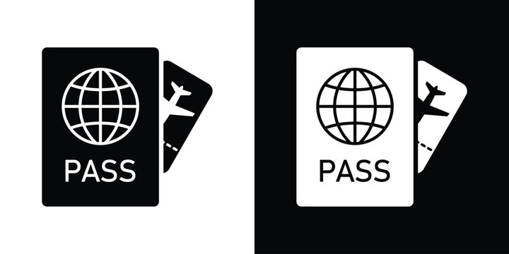 Combined icon showing a passport document with an airplane boarding pass tucked behind it. Modern vector graphic for vacation planning, airport check-in, and travel preparation.