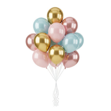 Bunch of pastel and gold helium balloons isolated on a transparent background