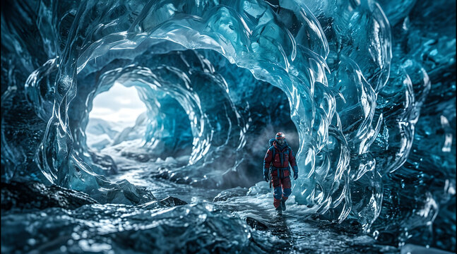 Blurred icy glacier cave with blue reflective textures featuring