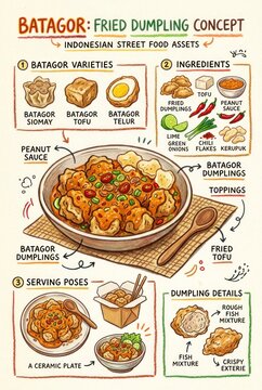 Batagor - Delicious Indonesian Street Food Dumpling Concept Illustration.