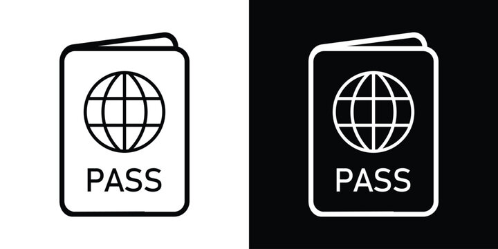 Minimalist line art passport icon featuring a globe symbol and "PASS" text. Clean vector illustration in high contrast black and white versions for travel and identification concepts.