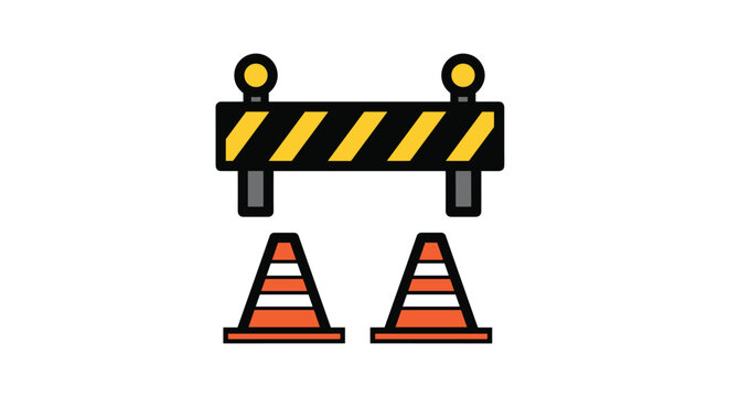 Road construction barrier with two orange traffic cones represents site safety and traffic management during street repairs.