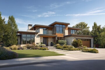 Fototapeta premium Newly built upscale residence facade featuring lush greenery, garden beds, and expansive windows