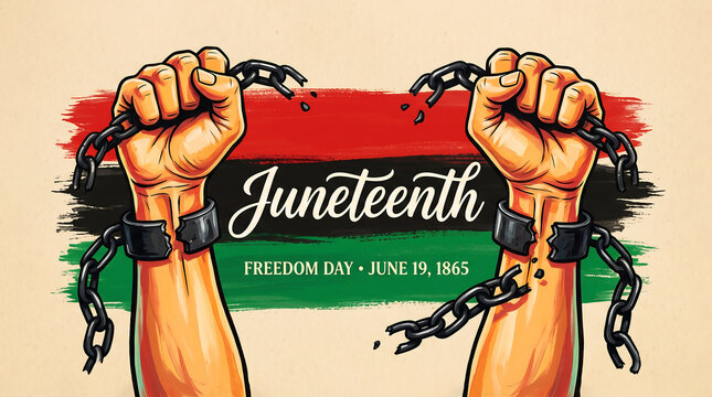 Two human hands raised high breaking apart heavy iron chains representing liberty and historical justice today