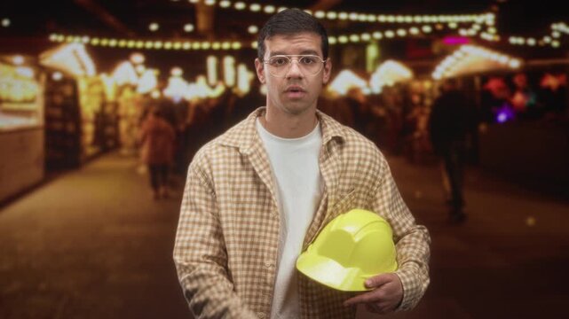 Man holding yellow hardhat with finger to lips for silence in street fair lit by string lights; quiet caution.