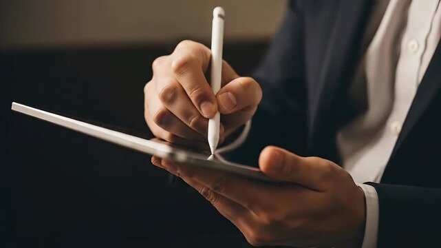 Closeup of businessman using digital stylus pen on tablet for signing documents or creative work