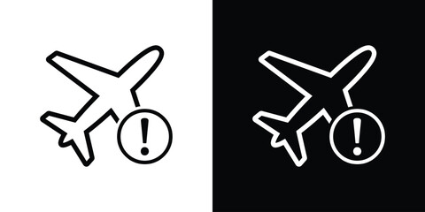Clean airplane icon paired with a circular exclamation point. Perfect for status updates, flight notifications, important travel alerts, and aviation information systems. © bibin