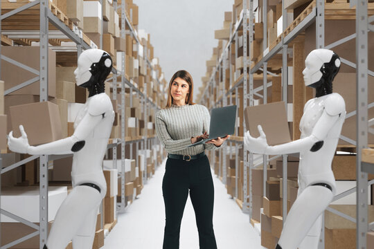3D warehouse robot logistics with manager tracking stock flow