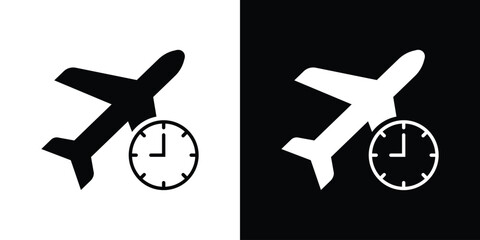 Professional airplane icon with a clock symbol. Represents flight duration, departure time, scheduling, and arrival estimates. Suitable for travel booking apps and airport displays. © bibin