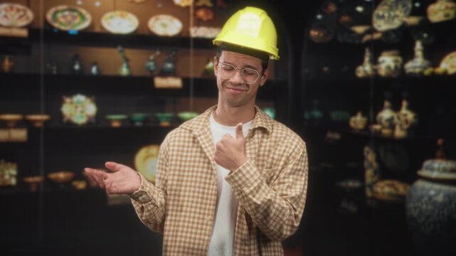 Man builder wearing yellow hardhat points finger at ceramic vase on display in building; curiosity discovery.