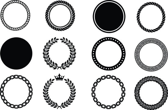 Twelve decorative circular frames with rope, chain, laurel, crown, and solid ornamental border patterns arranged in grid layout for creative projects