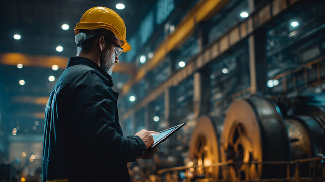 industrial engineer wearing safety helmet inspecting heavy machinery inside modern factory, holding tablet for maintenance check, advanced manufacturing facility