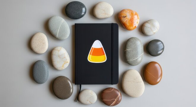 Black notebook featuring a candy corn illustration surrounded by many smooth river stones in layout
