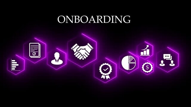 Onboarding new employee process concept. A person using a laptop with icons representing onboarding process, training, recruitment, communication, hiring, development, and employee integration.